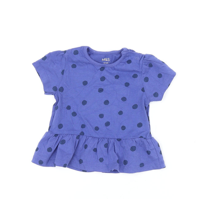 Marks and Spencer Girls Blue Polka Dot Cotton Basic T-Shirt Size 6-9 Months Round Neck Snap