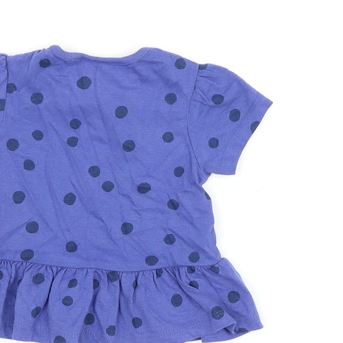 Marks and Spencer Girls Blue Polka Dot Cotton Basic T-Shirt Size 6-9 Months Round Neck Snap