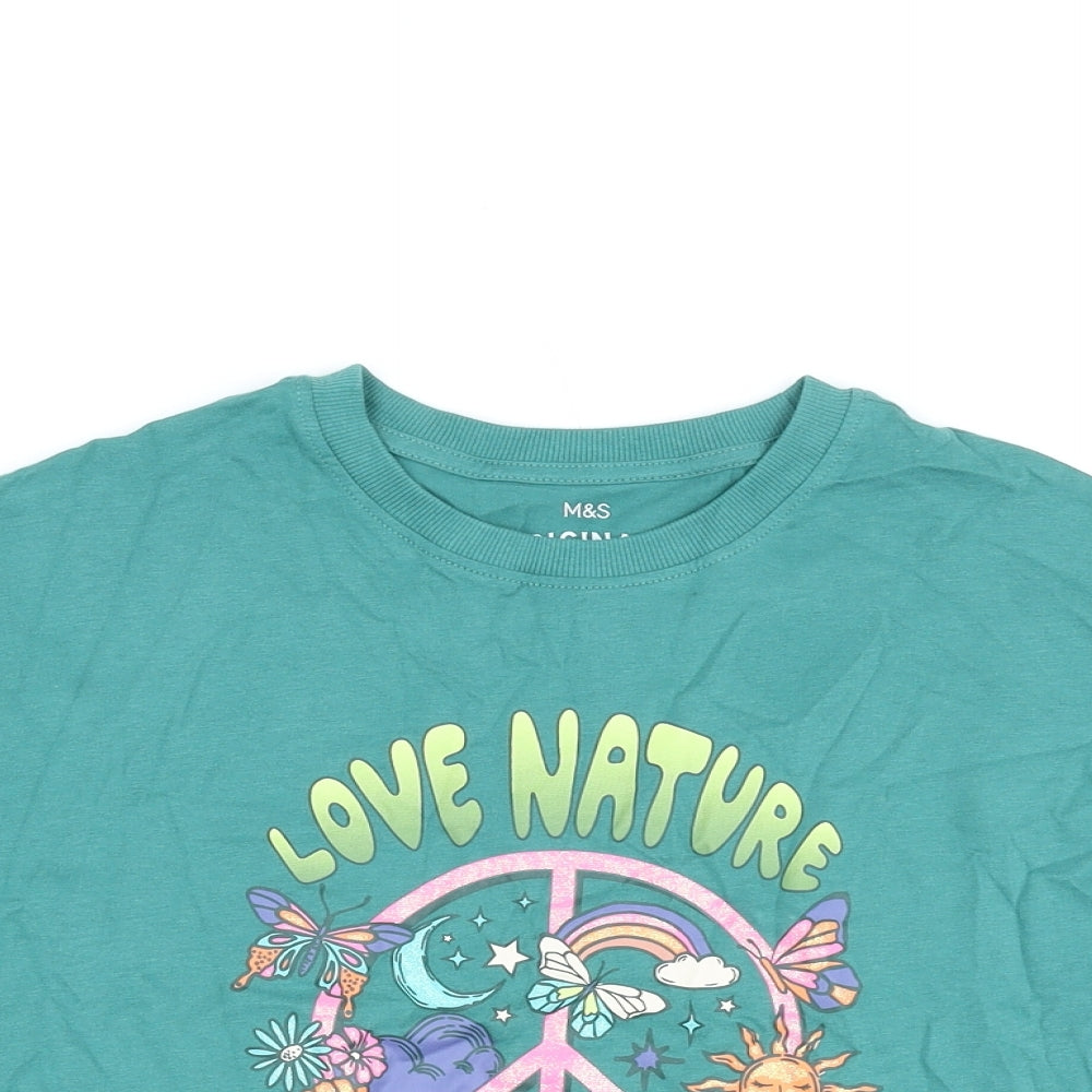 Marks and Spencer Girls Green Cotton Basic T-Shirt Size 10-11 Years Round Neck Pullover - Love Nature