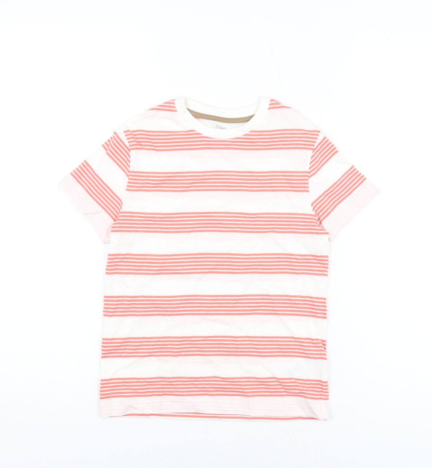 Marks and Spencer Boys White Striped Cotton Basic T-Shirt Size 6-7 Years Round Neck Pullover