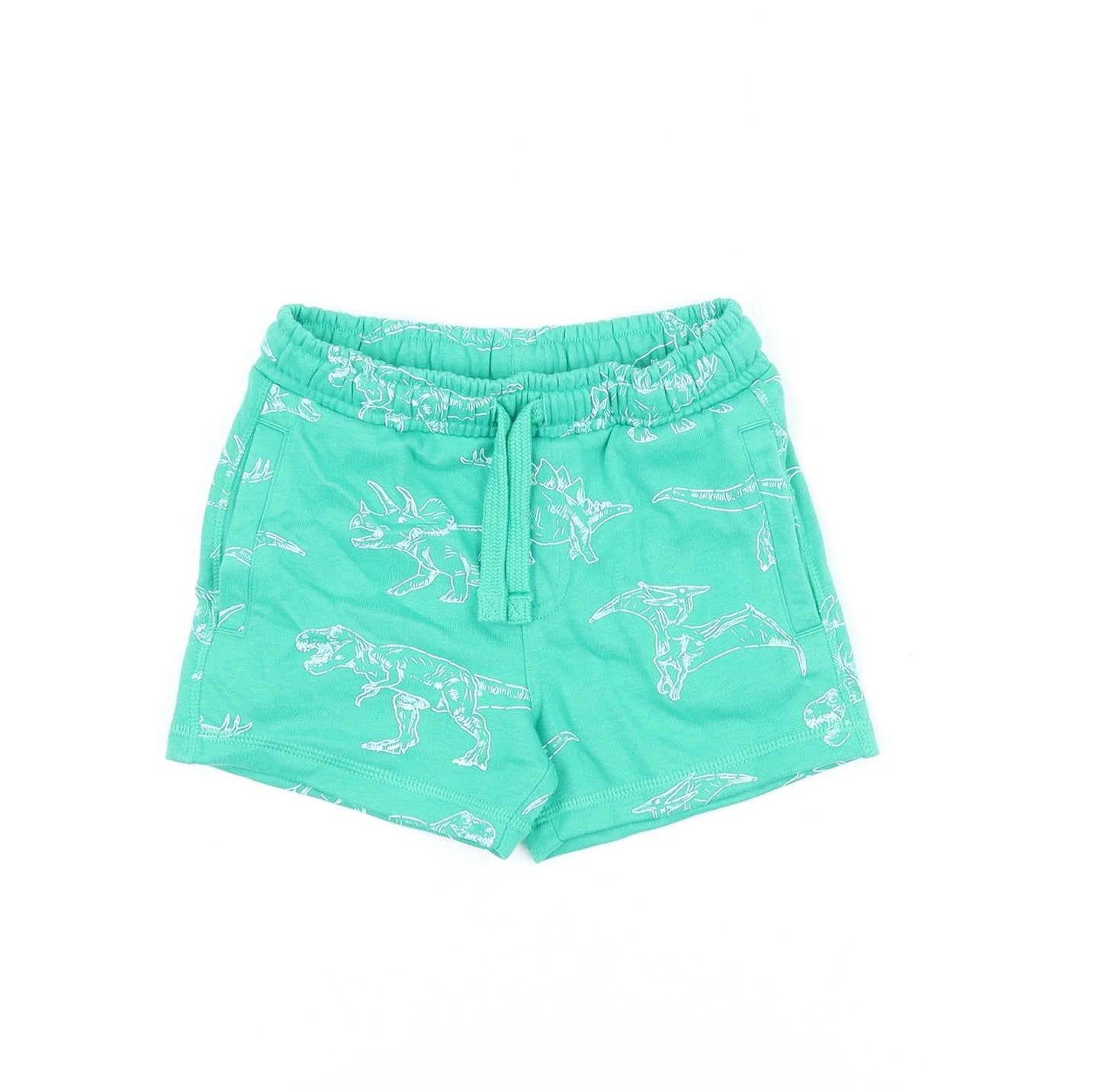 Marks and Spencer Boys Green Geometric Cotton Sweat Shorts Size 2-3 Years Regular Drawstring - Dinosaur Print