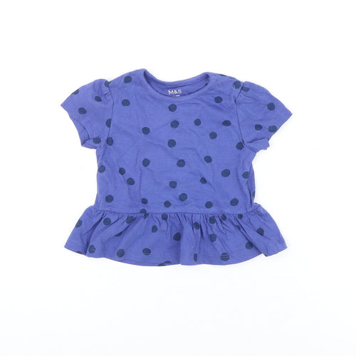 Marks and Spencer Girls Blue Polka Dot Cotton Basic T-Shirt Size 6-9 Months Round Neck Snap