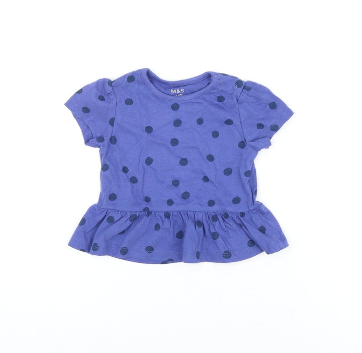 Marks and Spencer Girls Blue Polka Dot Cotton Basic T-Shirt Size 6-9 Months Round Neck Snap