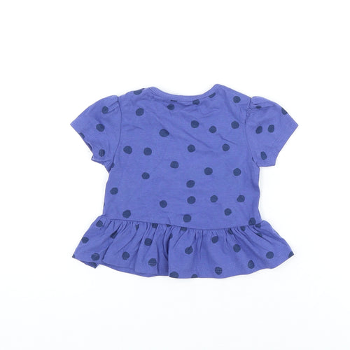Marks and Spencer Girls Blue Polka Dot Cotton Basic T-Shirt Size 6-9 Months Round Neck Snap