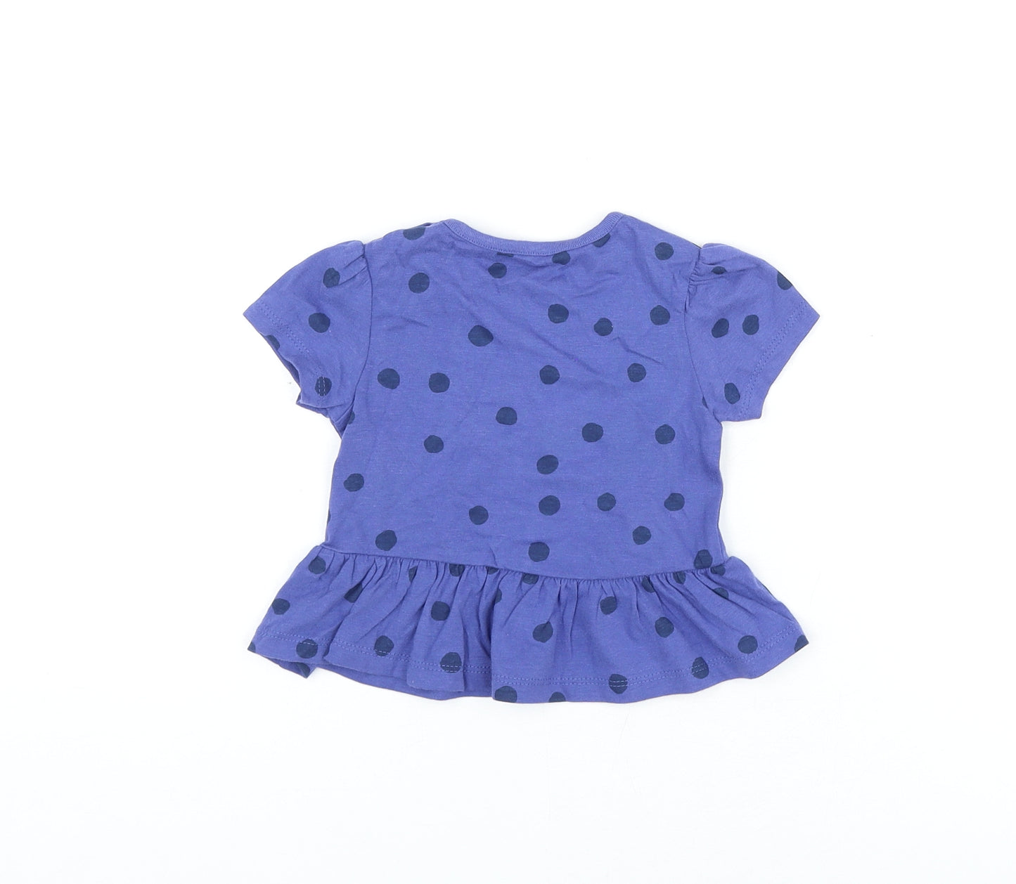 Marks and Spencer Girls Blue Polka Dot Cotton Basic T-Shirt Size 6-9 Months Round Neck Snap