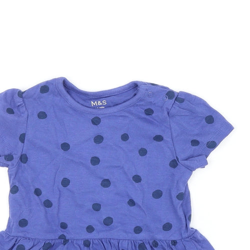 Marks and Spencer Girls Blue Polka Dot Cotton Basic T-Shirt Size 6-9 Months Round Neck Snap