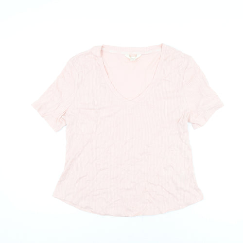 Marks and Spencer Womens Pink Cotton Basic T-Shirt Size L V-Neck