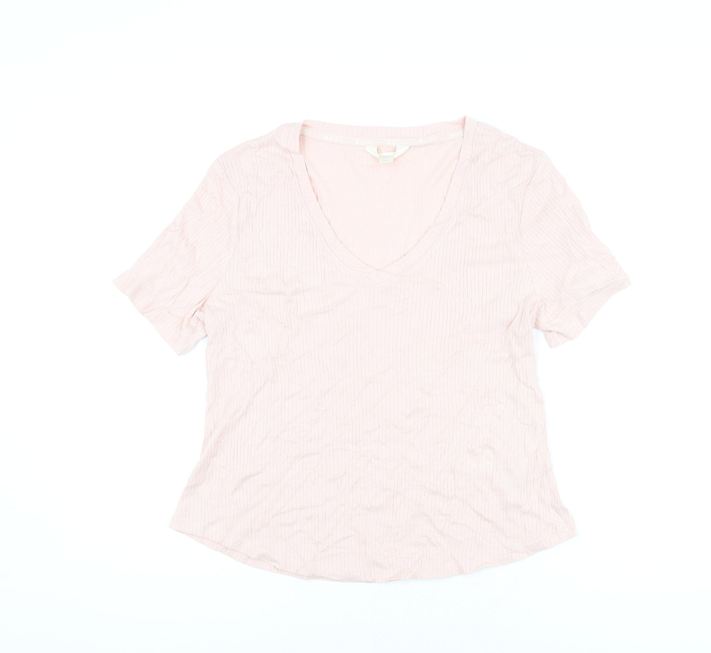 Marks and Spencer Womens Pink Cotton Basic T-Shirt Size L V-Neck