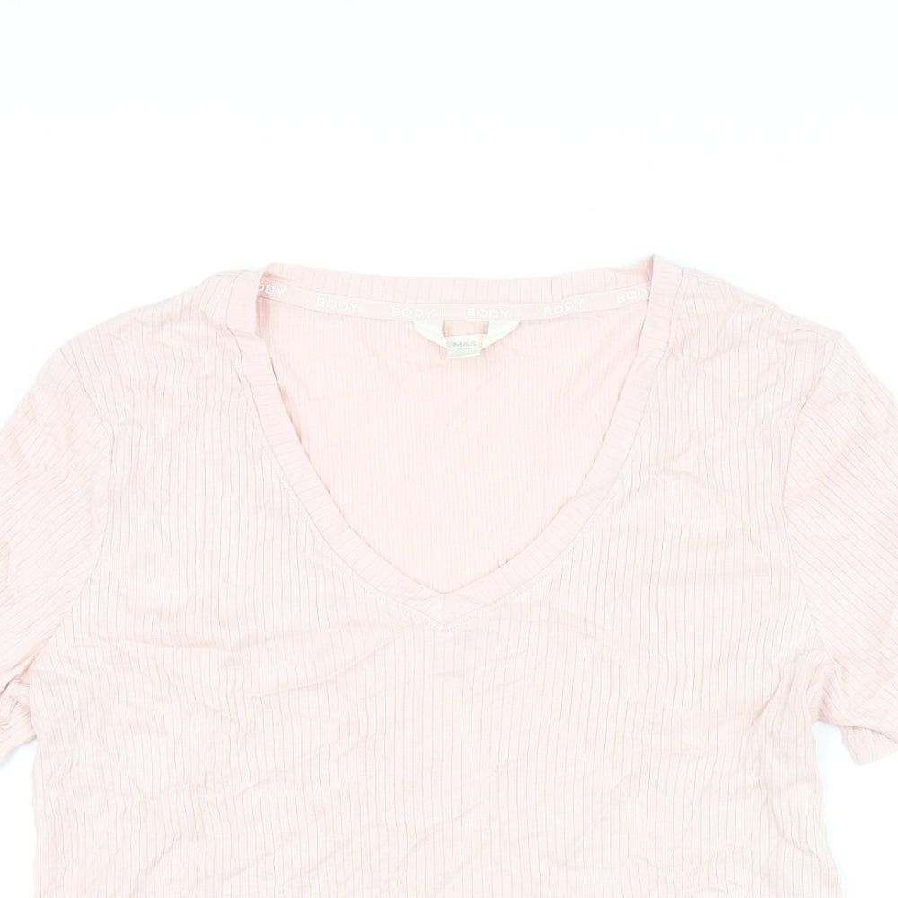 Marks and Spencer Womens Pink Cotton Basic T-Shirt Size L V-Neck