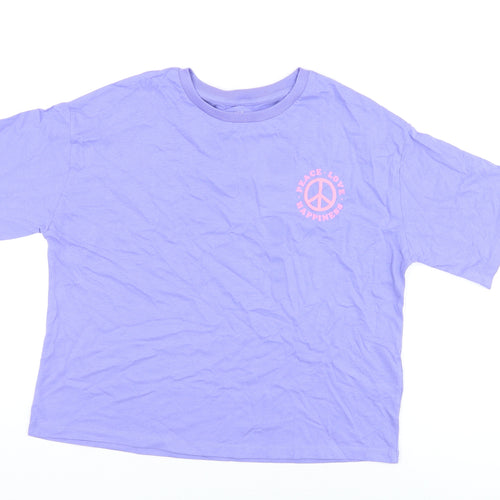 Marks and Spencer Girls Purple Cotton Basic T-Shirt Size 13-14 Years Round Neck Pullover - Peace