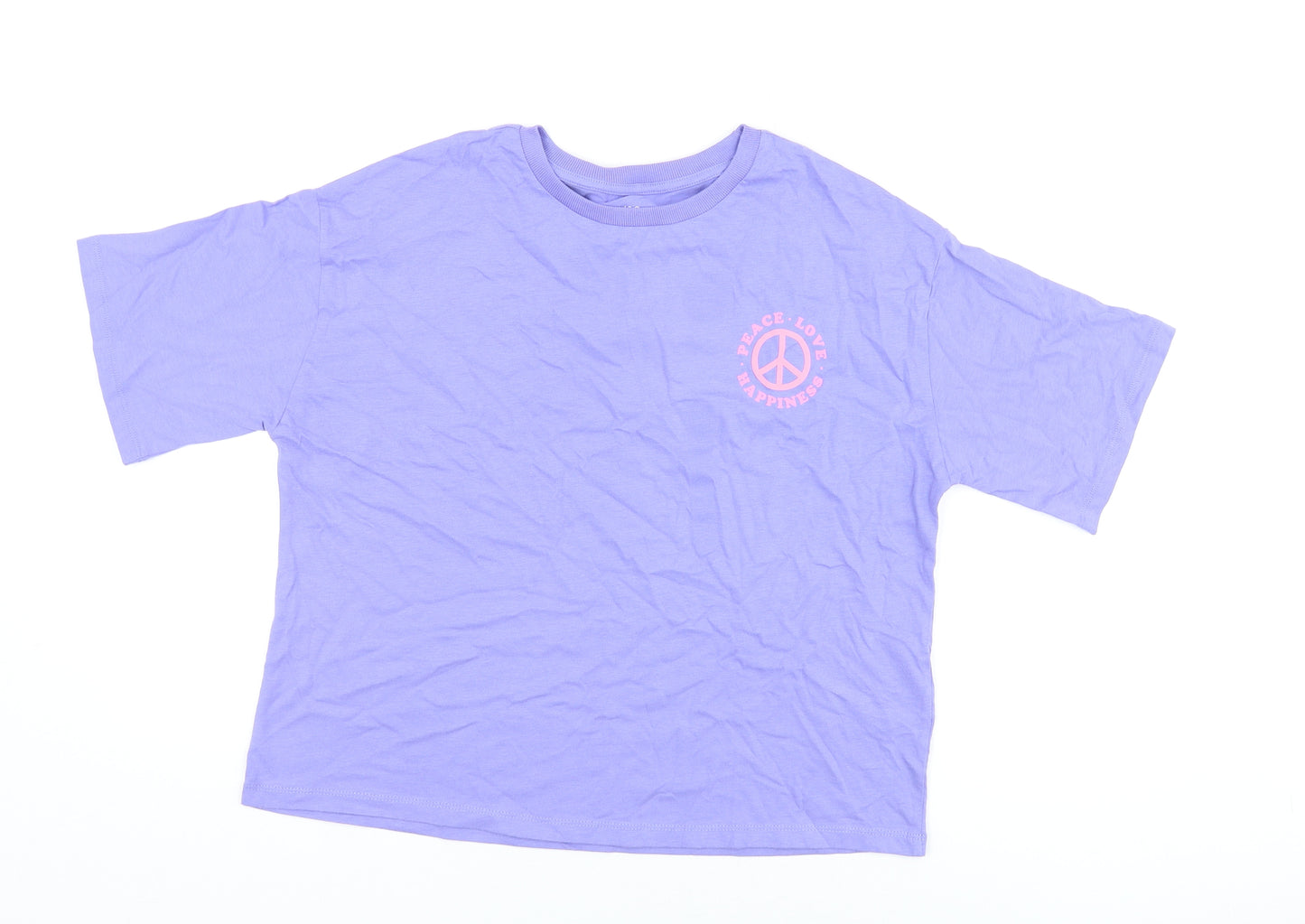 Marks and Spencer Girls Purple Cotton Basic T-Shirt Size 13-14 Years Round Neck Pullover - Peace