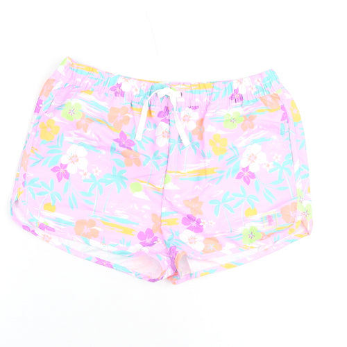 Marks and Spencer Girls Purple Floral Polyester Bermuda Shorts Size 12-13 Years Regular Drawstring - Swim Shorts