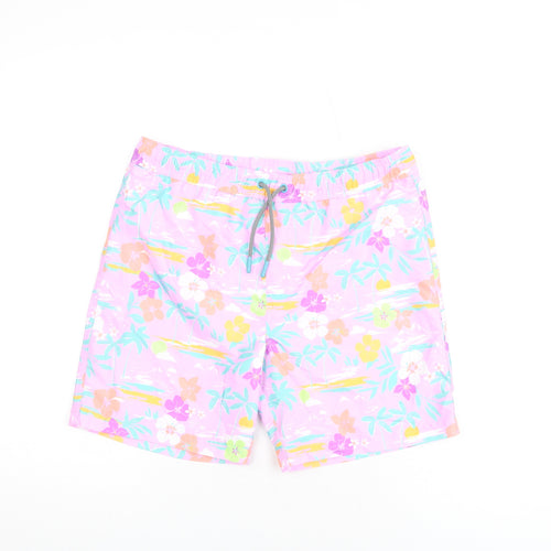 Marks and Spencer Boys Purple Floral Polyester Bermuda Shorts Size 12-13 Years L6 in Regular Drawstring - Swim Shorts