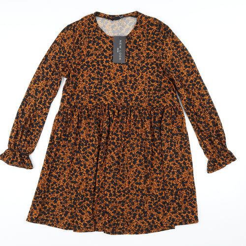 New Look Womens Orange Floral Polyester Trapeze & Swing Size 8 Round Neck Pullover