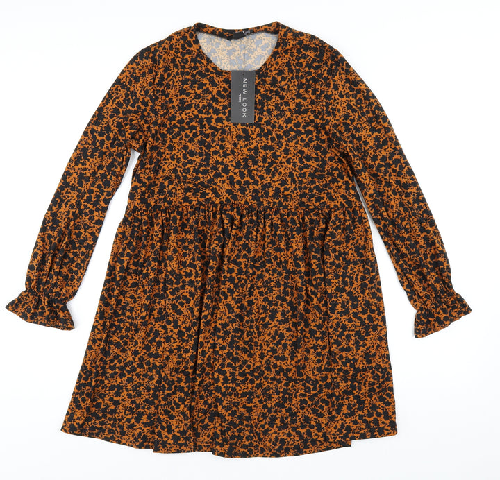 New Look Womens Orange Floral Polyester Trapeze & Swing Size 8 Round Neck Pullover