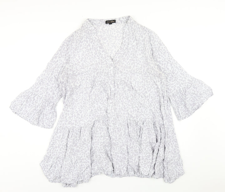 QED London Womens Grey Animal Print Viscose Trapeze & Swing Size M V-Neck Pullover