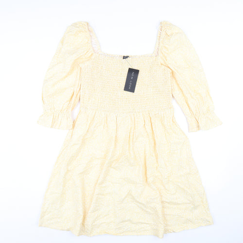New Look Womens Yellow Floral Cotton A-Line Size 14 Square Neck Pullover