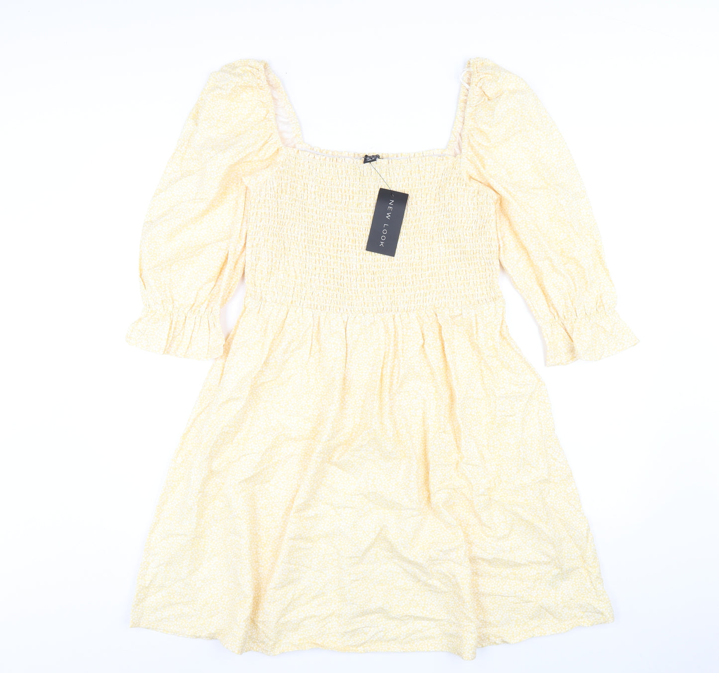New Look Womens Yellow Floral Cotton A-Line Size 14 Square Neck Pullover