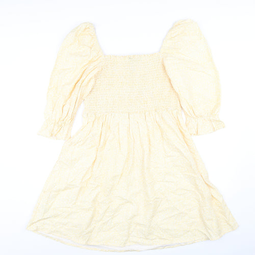 New Look Womens Yellow Floral Cotton A-Line Size 14 Square Neck Pullover