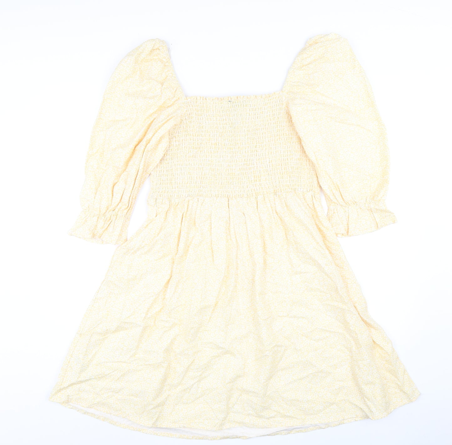 New Look Womens Yellow Floral Cotton A-Line Size 14 Square Neck Pullover