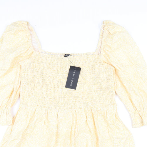 New Look Womens Yellow Floral Cotton A-Line Size 14 Square Neck Pullover