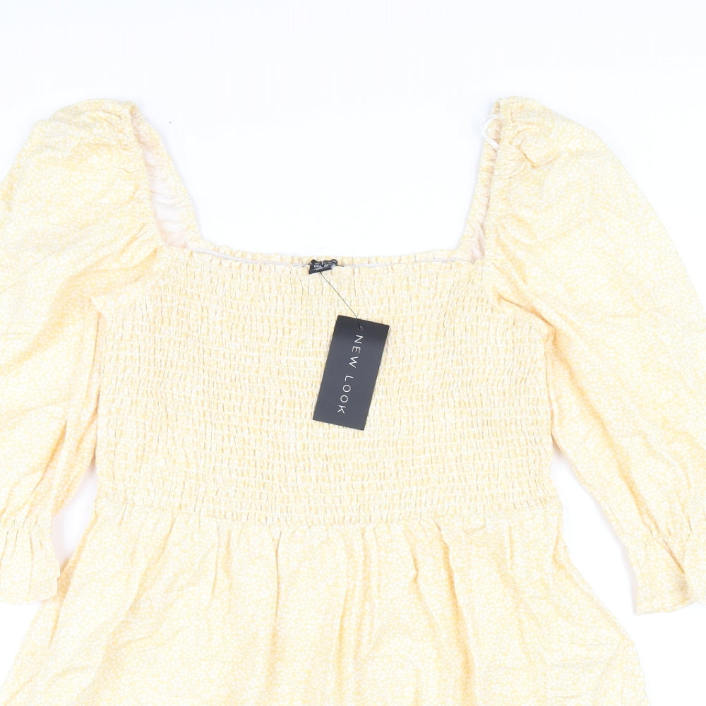 New Look Womens Yellow Floral Cotton A-Line Size 14 Square Neck Pullover