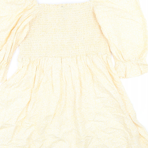 New Look Womens Yellow Floral Cotton A-Line Size 14 Square Neck Pullover