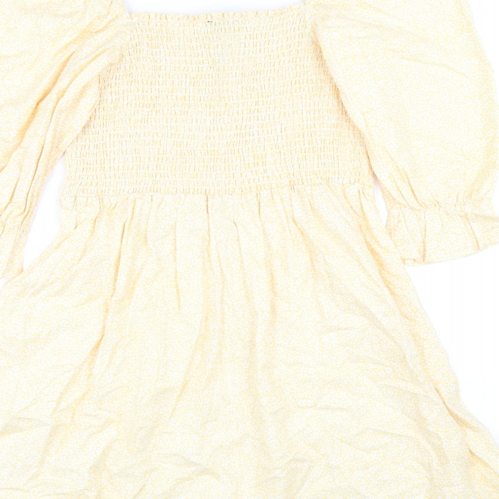 New Look Womens Yellow Floral Cotton A-Line Size 14 Square Neck Pullover