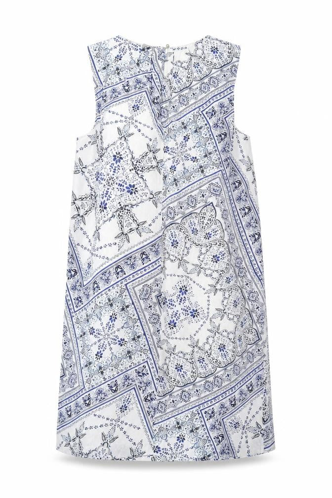 Front view of H&M women’s blue geometric polyester a-line, size UK 8, round neck button