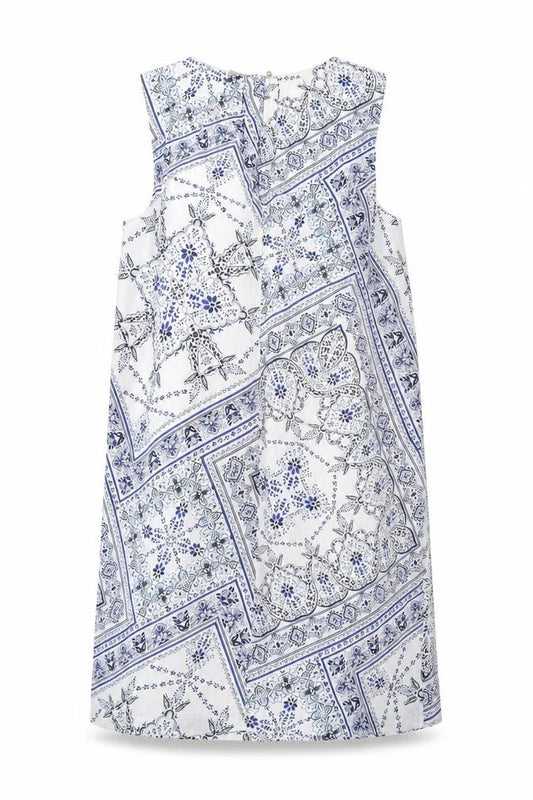 Front view of H&M women’s blue geometric polyester a-line, size UK 8, round neck button