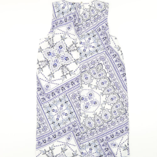 H&M Womens Blue Geometric Polyester A-Line Size 8 Round Neck Button