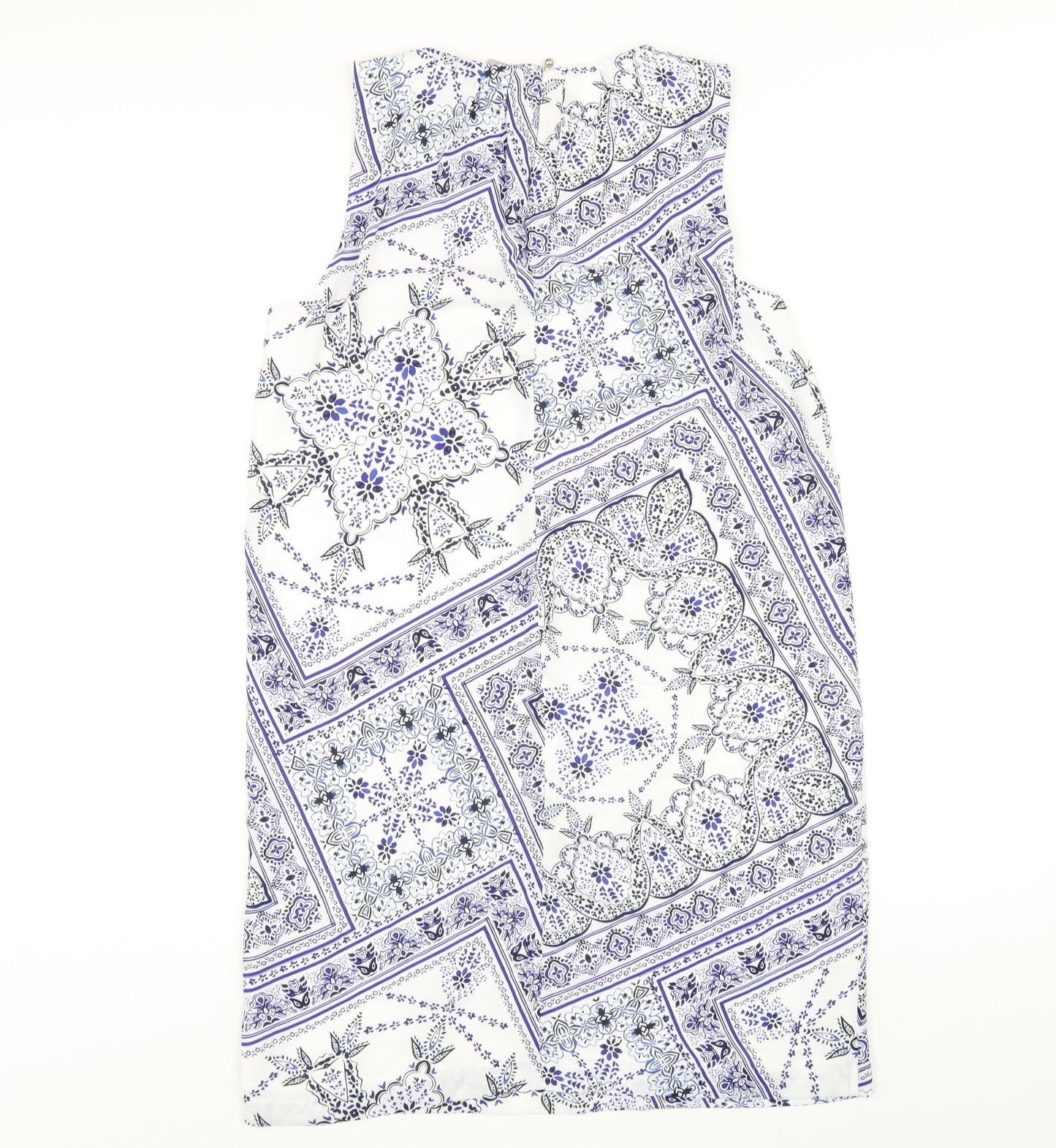 H&M Womens Blue Geometric Polyester A-Line Size 8 Round Neck Button