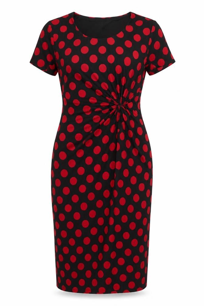 Front view of Precis women’s black polka dot polyester pencil dress, size UK 10, round neck pullover