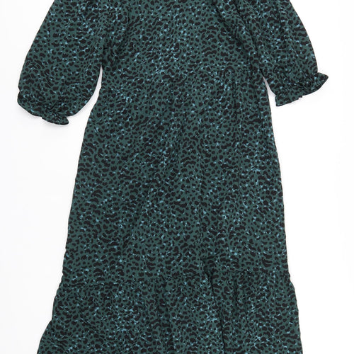 New Look Womens Green Animal Print Polyester A-Line Size 10 Mock Neck Button