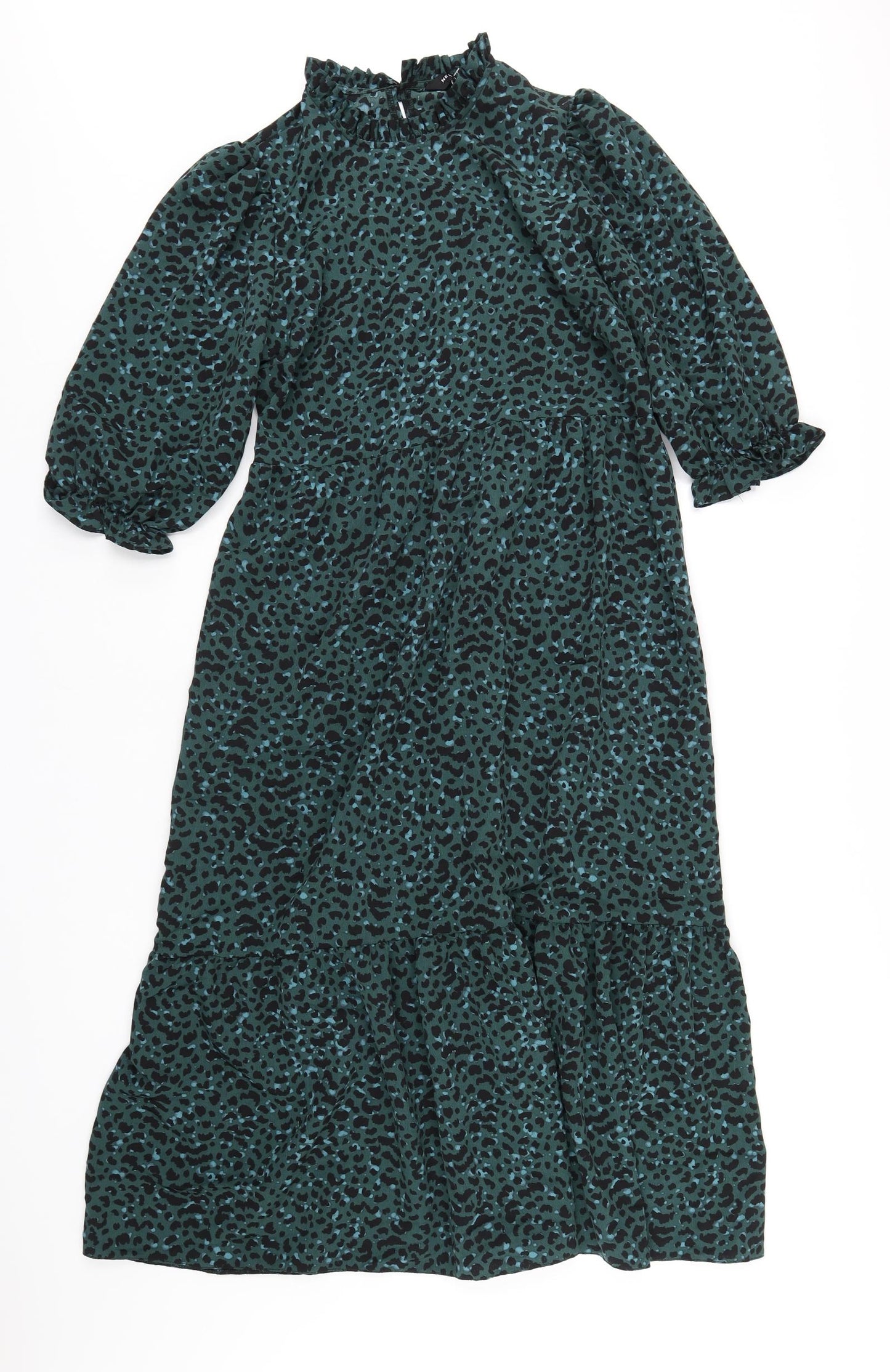 New Look Womens Green Animal Print Polyester A-Line Size 10 Mock Neck Button