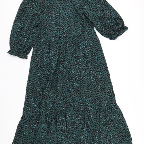 New Look Womens Green Animal Print Polyester A-Line Size 10 Mock Neck Button