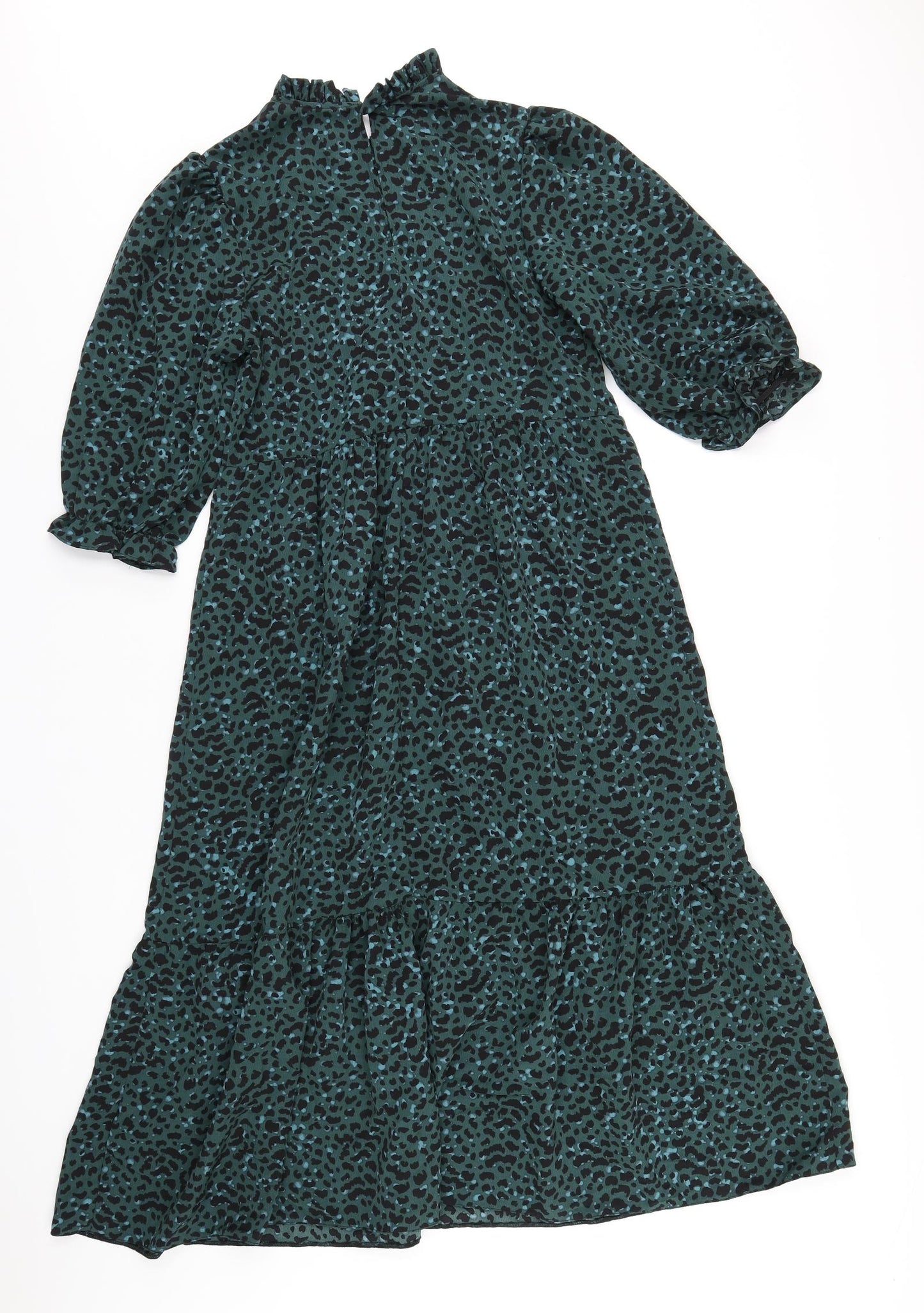 New Look Womens Green Animal Print Polyester A-Line Size 10 Mock Neck Button