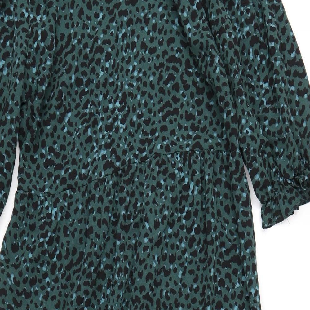 New Look Womens Green Animal Print Polyester A-Line Size 10 Mock Neck Button