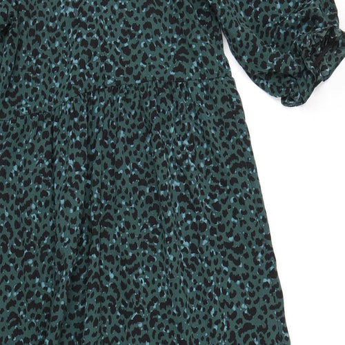 New Look Womens Green Animal Print Polyester A-Line Size 10 Mock Neck Button