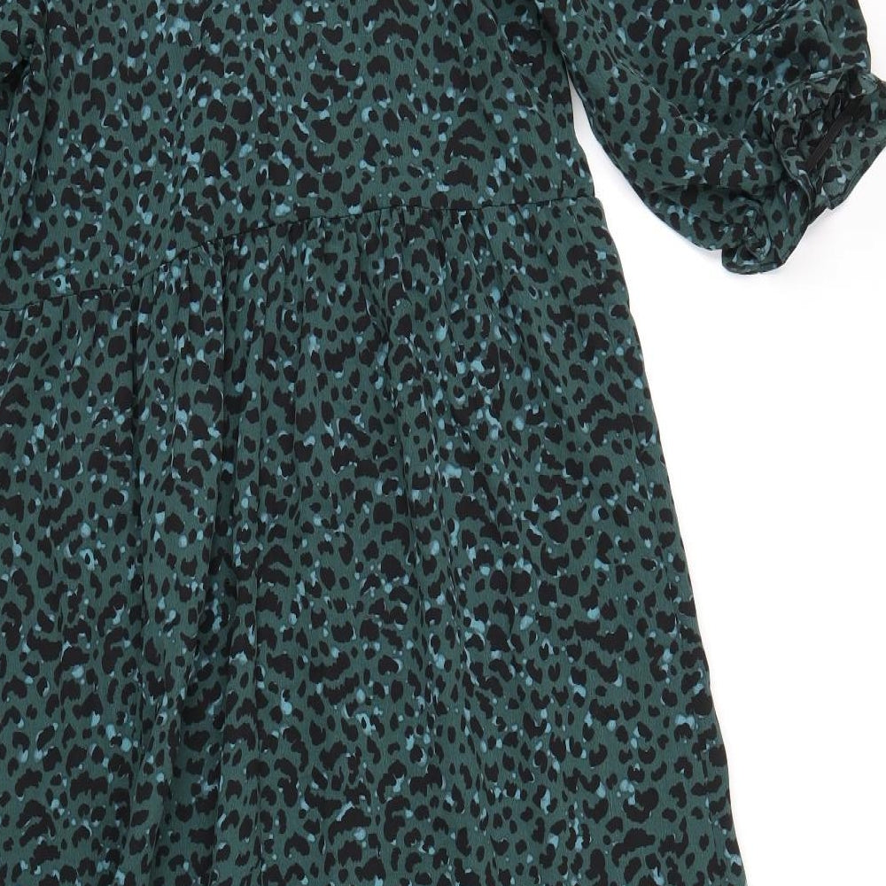 New Look Womens Green Animal Print Polyester A-Line Size 10 Mock Neck Button