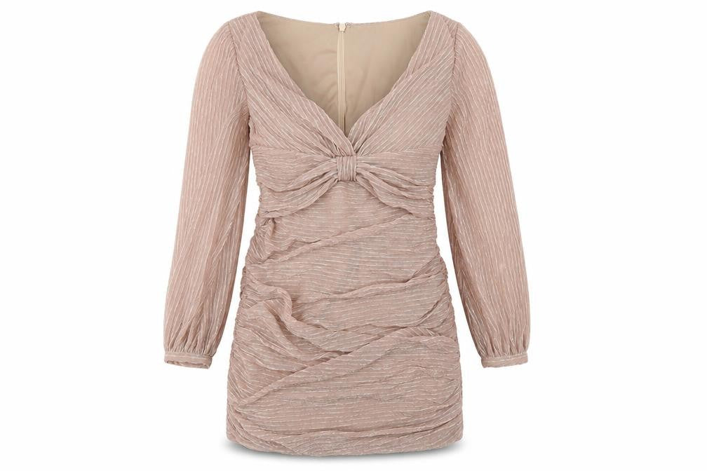 Front view of Chi Chi women’s pink polyester bodycon, size UK 14, v-neck zip