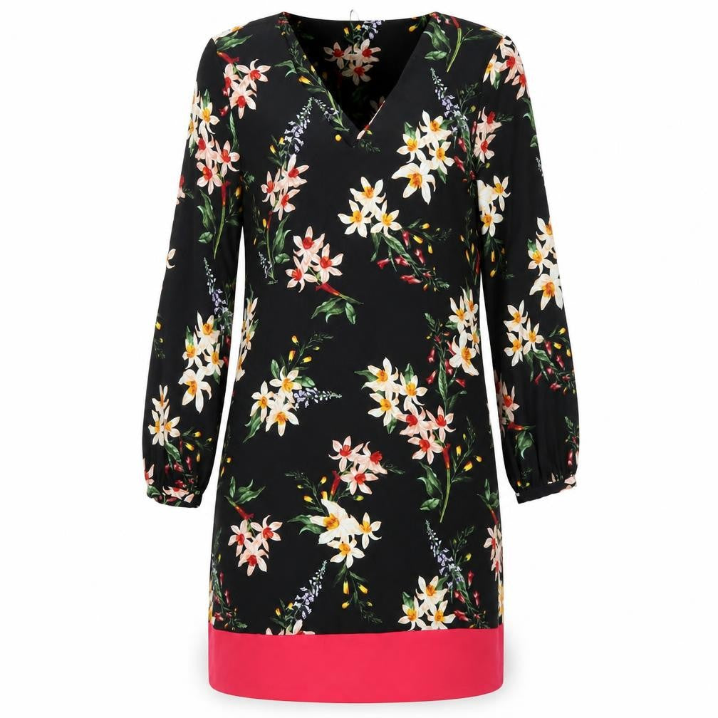 Front view of Per Una women’s multicoloured floral polyester a-line, size UK 10, v-neck pullover