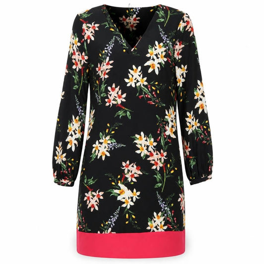 Front view of Per Una women’s multicoloured floral polyester a-line, size UK 10, v-neck pullover