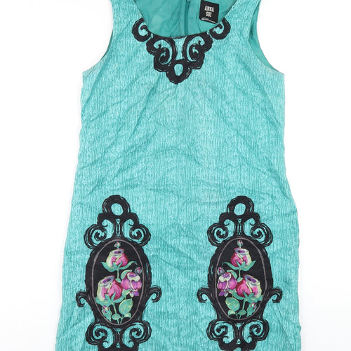 Anna Sui Womens Green Geometric Silk A-Line Size 4 Scoop Neck Zip