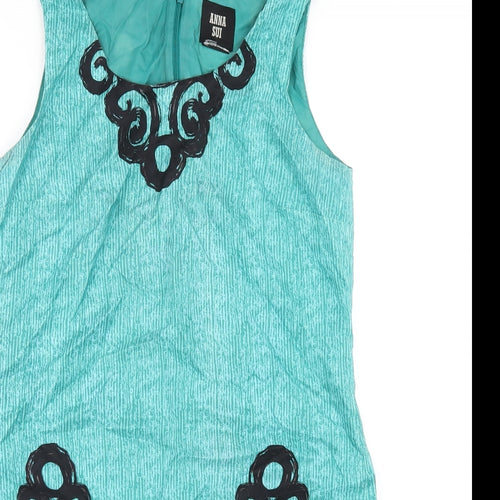 Anna Sui Womens Green Geometric Silk A-Line Size 4 Scoop Neck Zip