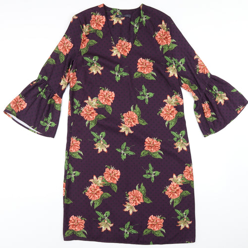 Marks and Spencer Womens Purple Floral Polyester A-Line Size 10 V-Neck Pullover