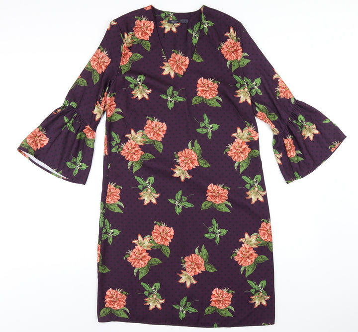Marks and Spencer Womens Purple Floral Polyester A-Line Size 10 V-Neck Pullover