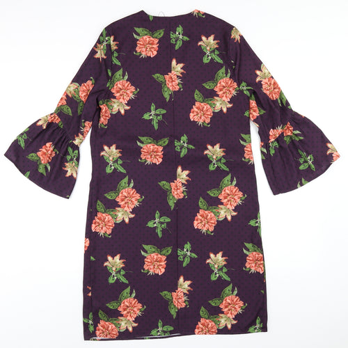 Marks and Spencer Womens Purple Floral Polyester A-Line Size 10 V-Neck Pullover