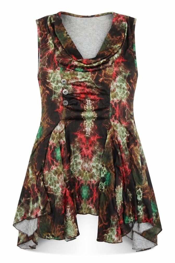 Front view of Frock Me women’s multicoloured geometric polyester a-line, size UK 16, cowl neck pullover