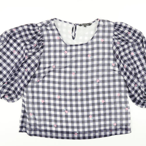Bonmarché Womens Blue Check Polyester Basic T-Shirt Size 12 Round Neck